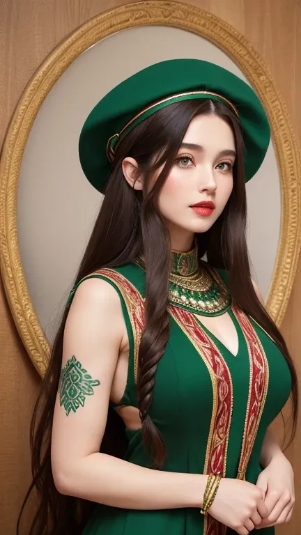 (adult woman), perfect face, red lips, green eyes, woman with long dark brown hair with very long dark brown hair, super long dark brown hair with very super long dark brown hair, large hair, huge hair, plaits hairstyles,( wearing a green mermaid dress wit...