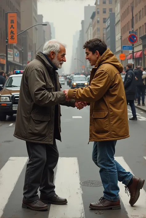 How about a concrete painting, the scene shows, in which a person helps an elderly person, to cross the street safely? This depiction illustrates the courage and willingness to help, which are associated with civil courage. You could detail the scene with ...