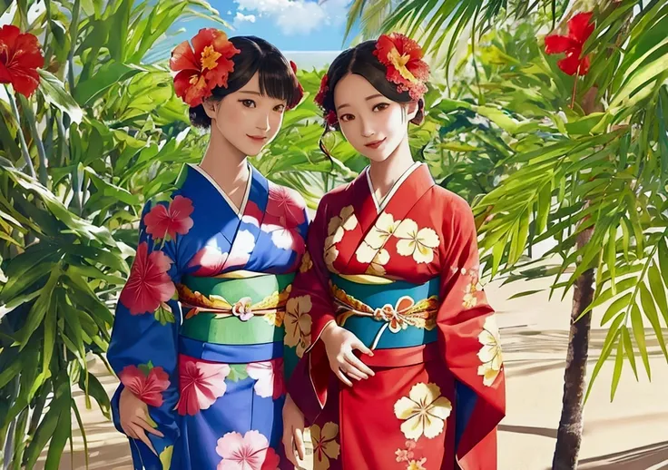 Two beautiful kimono-clad women with hibiscus flowers in their hair on a Hawaiian beach。Sunny weather in summer、The sun is dazzling、Full of tropical atmosphere。