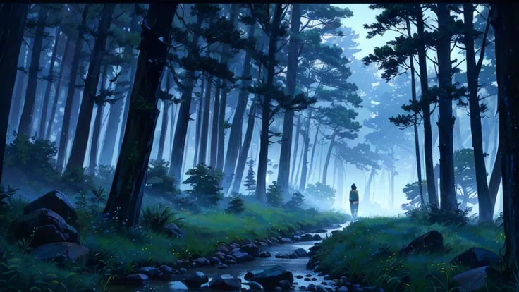 mysterious, serene forest, tall trees, early morning mist, narrow path, flowing stream, a man walking, solitary, tranquil ambiance, blue and green hues, soft diffused light, ethereal glow, calm and peaceful mood, contemplative atmosphere, wide-angle perspe...