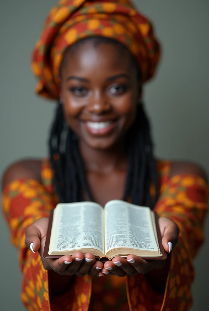 Create 4K photography. Hands of a smiling black woman in Angolan attire showing an image of an open Bible on a tablet facing forward.