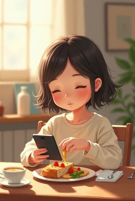 Cute hand-painted girl eating at the table and watching TV series on her phone