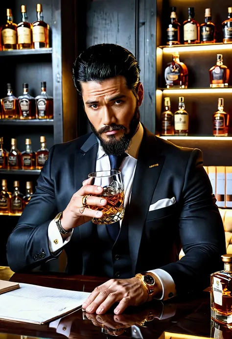 Create a man, working, drinking a glass of whiskey, black hair, white man, his luxury office, man in suit, beard made, gold watch, dark eyes, strong physique, high quality, 4K, 8K