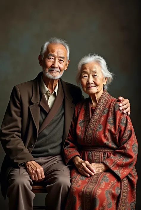 old grand father and grandmother sit in shofa set wear tredishnal cloths in photo studio