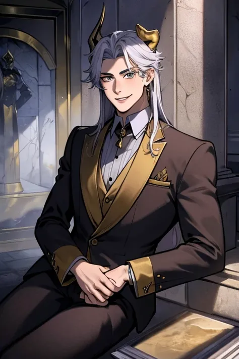 Perfect face. Perfect hands. A young silver haired man with golden eyes and golden horns in a cool suit is smiling while exploring a mausoleum in a cemetery