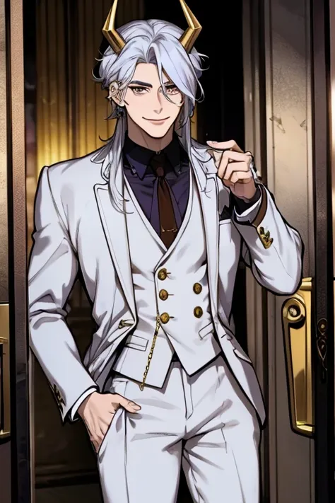 perfect face. perfect hands. a young silver haired man with golden eyes and golden horns in a cool suit is smiling while explori...