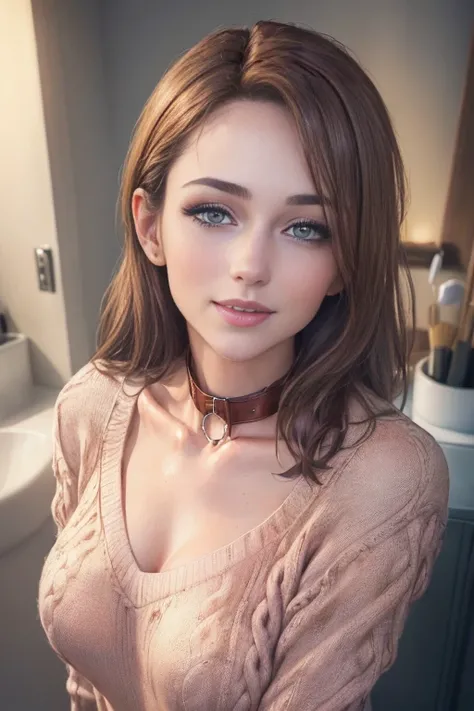 ((evening, Realistic light, Best Quality, 8k, masterpiece: 1.3)), 1 girl, slim beauty: 1.4, (Brown hair, medium breasts: 1.3), Long pink sweater: 1.1, Bathroom, Super fine face, delicate eyes, double eyelids, smile, collar