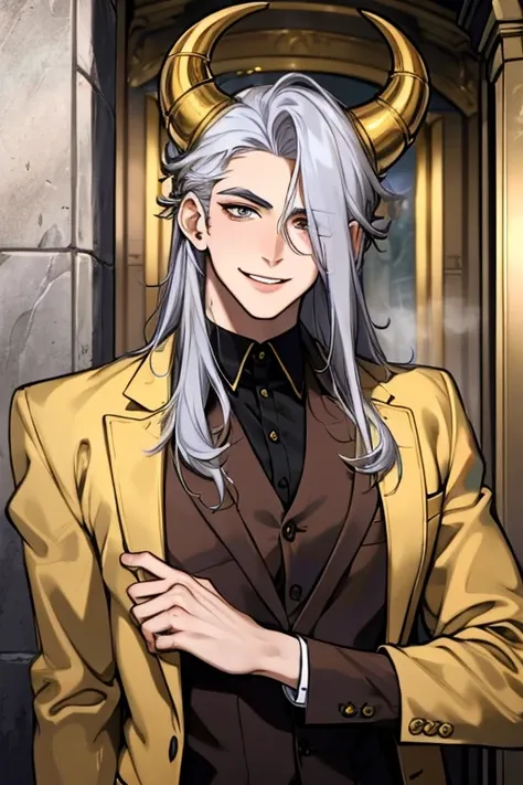 perfect face. perfect hands. a young silver haired man with golden eyes and golden horns in a cool suit is smiling while explori...