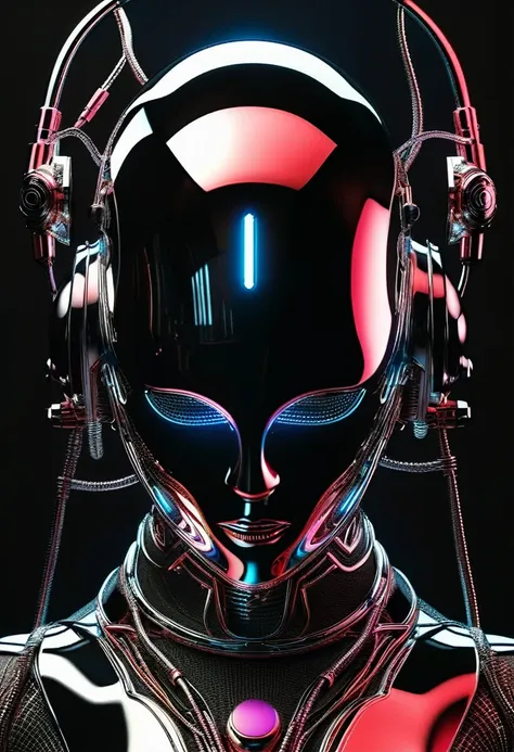 futuristic beautiful cyborg head with chrome helmet connected by cables and wires and led metallic features surrounded by tribal...