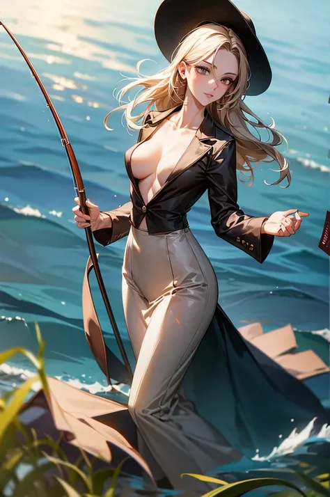  fishing , masterpiece, Highest quality, 1 female, (slender) ,(dynamic pose), beauty breast 