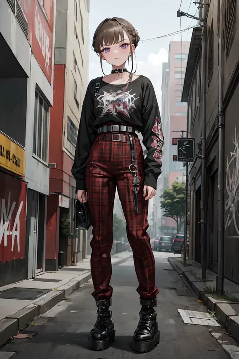 ((nice with you)), short hair, braided hair, brown hair, purple eyes, bangs, woman, alone, punk, punkファッション, black tops, spiked ...