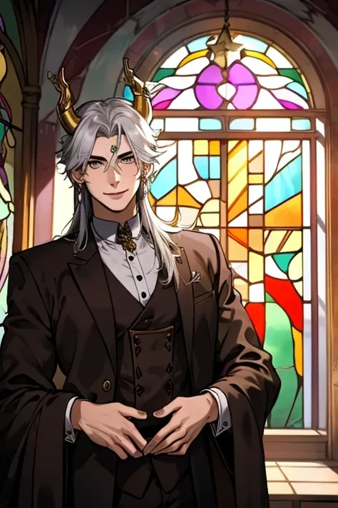 perfect face. perfect hands. a young silver haired man with golden eyes and golden horns in a cool suit is smiling in front of a...