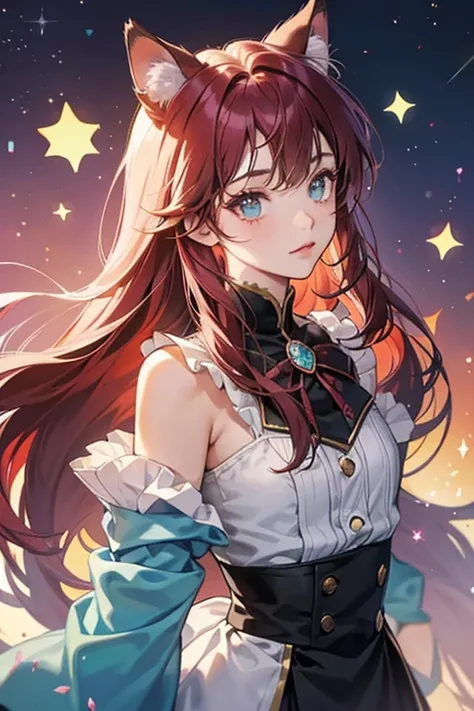 Ako has long vermilion hair with straight cut bangs and chest length forelocks. A small amount of hair is pulled into a bow shape on the back of her head, giving them the appearance of cat ears from the front. On the right "ear" is a yellow bow with a blue...