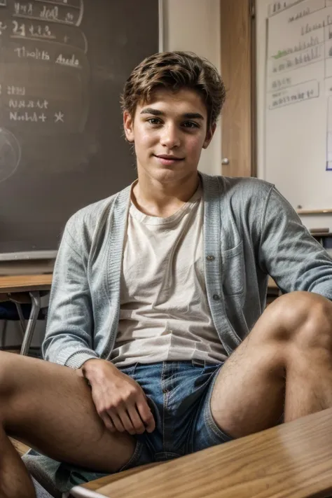 a very handsome young student, sitting in class with legs open