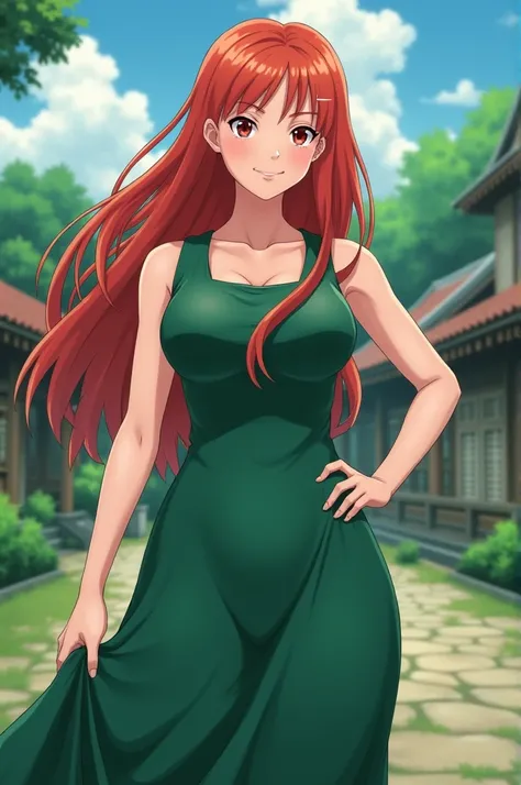 uzumaki_kushina, large_breasts, standing, solo, kushina_green_dress, masterpiece, best quality, detailed face, detailed eyes, highres, smile, ghibli, scenery, background, (masterpiece:1.4, best quality:1.2), (beautiful eyes, beautiful face), (Highres), (De...