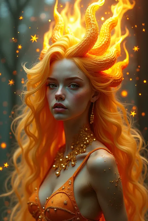 A funny and mythical human NFT image at the same time,with extravagant golden hair, snake hair on fire and star on the ends, drawing appearance