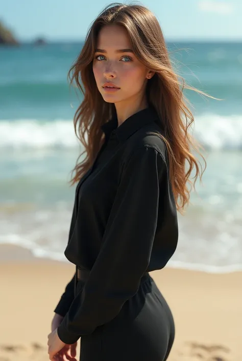 Best Quality, masterpiece, (realist:1.2), 1 girl, Brown hair, blue eyes, Forehead, detailed face, pretty eyes, whole body, black shoes, clothes black pants, black blouse, on the beach