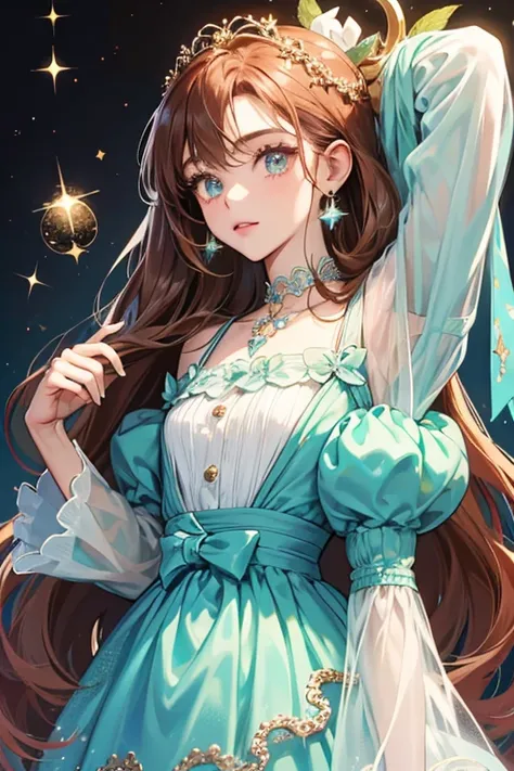 Coco has long brown mid-torso length hair with small amounts held with two hair baubles on either side of her head. One bauble is pale blue while the other is a mint color. She has auburn eyes.  SPARKLE; GLITTER