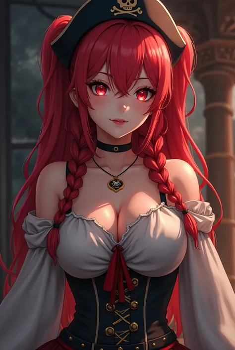 Beautiful girl Big breasts, longye hair, Hair with two high braids, Red hair, Eyes red, sailor hat, アニメ, character  design, hyper- realism, high resolution, HD Model, best qualityer, Textured skin, ultra HD, pirate clothes, dark skin tone, mostrando o corp...