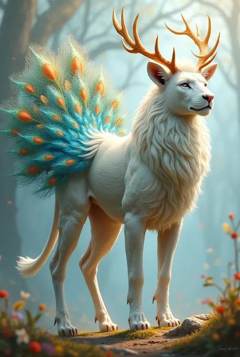 Fusion of a white lion and a deer, with peacock tail, peacock feathers, fancy, concept art, arte linda, wonderful, animal with side view 