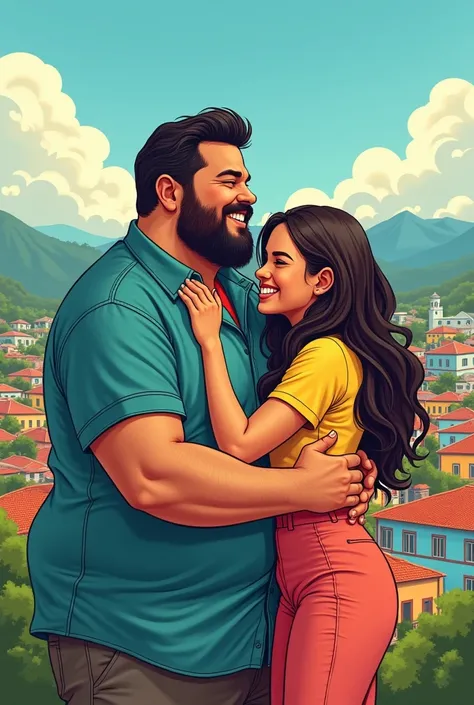 Chubby Latino man with beard and short Colombian woman hugging in Medellin in comic