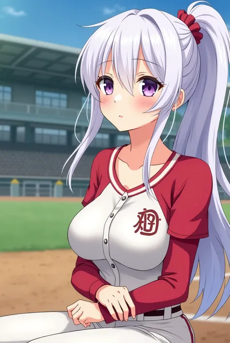 HD、Japanese animation style、white hair 、Purple Eyes、girl、High school student 、single ponytail、Baseball player、light colored clothes、Long sleeve red underwear、plump breasts、dine