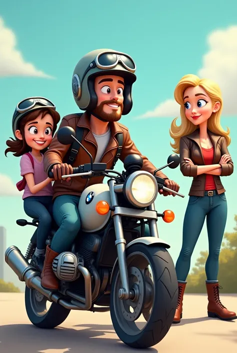 A male biker rides a bmw r1200 gsa motorcycle by a girl in the back and a fat female biker standing with her arms crossed. It is a cartoon image.