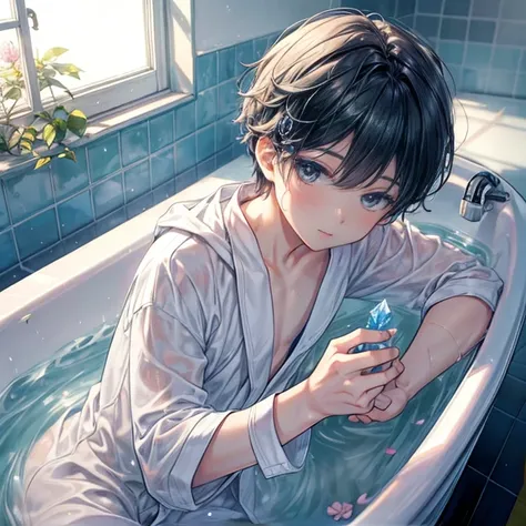 masterpiece:1.2, 8k, (Highest quality,Very detailed,Realistic:1.37),One Boy, Soft Light, bathroom,Boy taking a bath,Wearing only a bathrobe,Clothes are open,Skin showing through a wet bathrobe,Bathrobe falling off,Long sleeve,Black Hair,Blue Eyes,Crystal c...