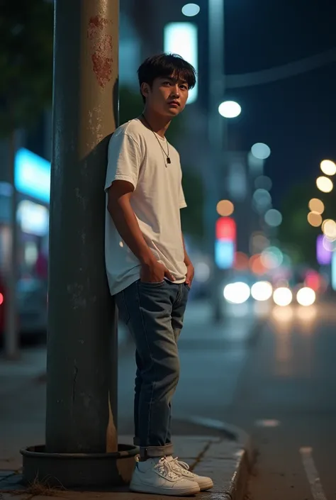 photographyrealistic. young Indonesian men look handsome. wearing a white t-shirt, short jeans. white jordan sneakers. sitting leaning against an electric pole on the sidewalk at night. bokeh city lights. daydreaming of a sad expression 
Ultra-realistic 8K...