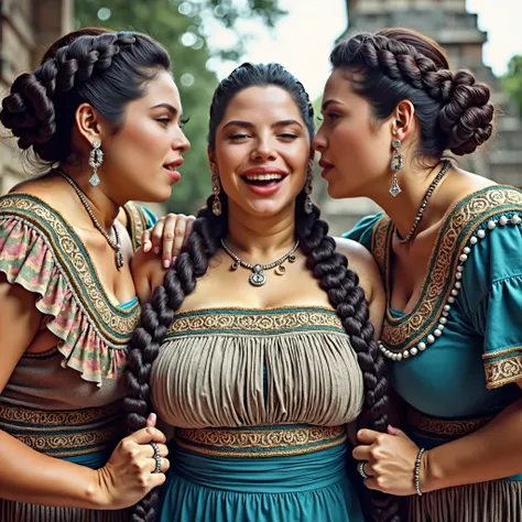 At mayan temple,three Ultra plus size young mature mayan ladies in sexy mayan dress,their slick back conrowed braids,Flooded with 100 liters of oil over thier hair,hairs like oil pulp,hairlines are all together till the end,kissing head crown scalp,keeping...