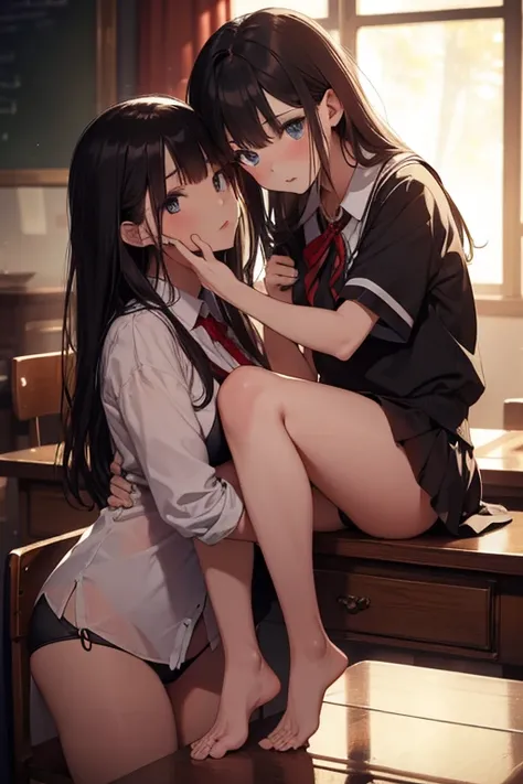 a naughty older girl hugging a cute shy girl, 2girls in school uniforms, cute shy girl wearing black bikini, the older girl holding the shy girls leg up, the older girls hand inside the shy girls dress, the shy girls dress half off, detailed facial feature...