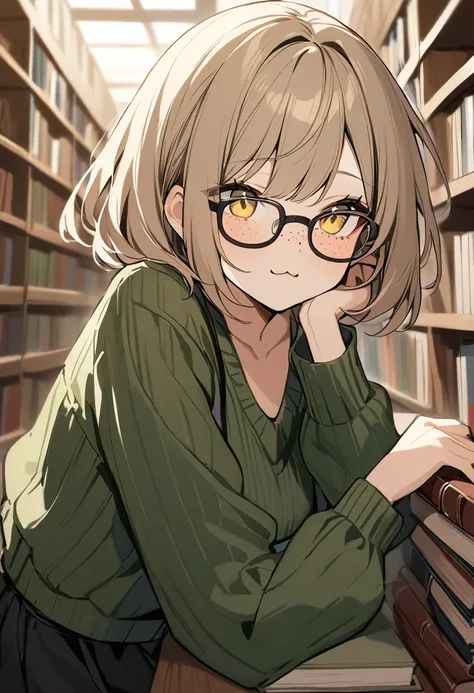 Highest quality, 1girl, solo, light brown hair, bob hair, yellow eyes, black glasses, freckles, dark green sweater, black skirt, :3 mouth, library