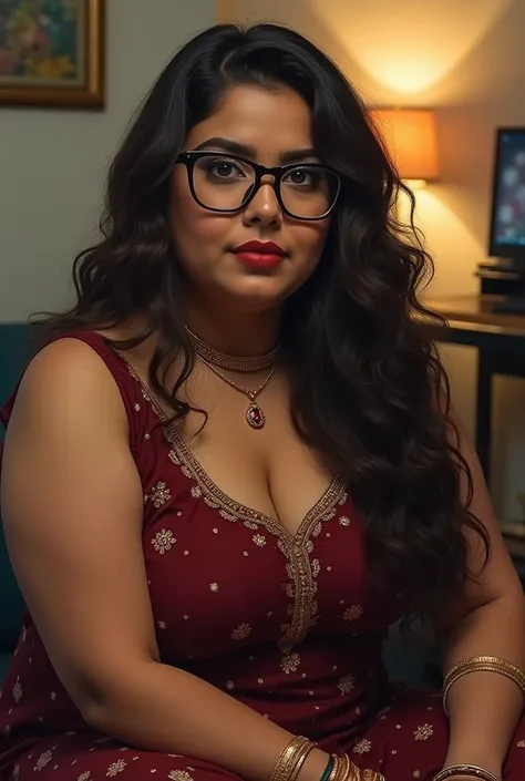 Chubby Himanshi Khurana gamer girl calling from P.C.O., glasses, brown skin, sleeveless frock, leggings, real photo 