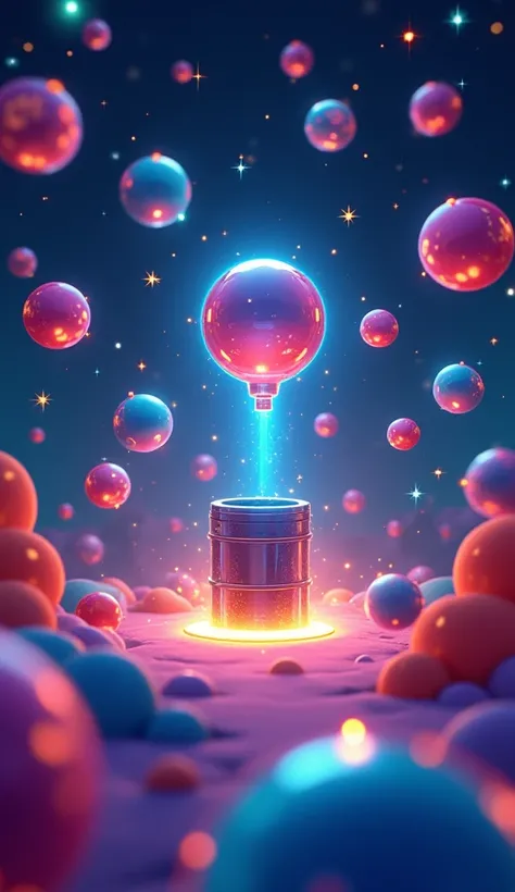 Design a 3D-rendered homepage for a Bubble Shooter game with a dark, vibrant, and playful cartoonish style. Place a large bubble cannon at the center, angled upwards, surrounded by colorful, glossy bubbles with a reflective surface. Each bubble should have...