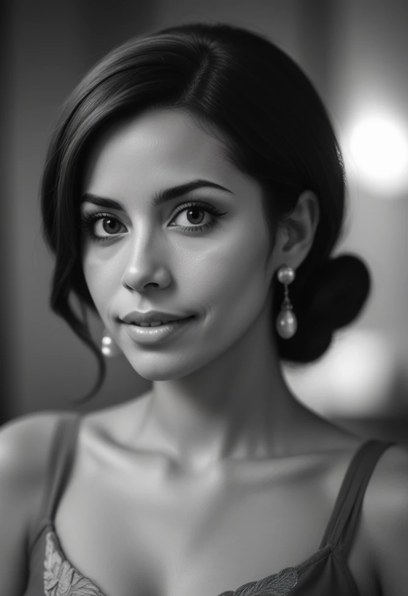 Brazilian Woman, (((photorealistic))), (((noir style))), (((vintage Hollywood glamour))), antique aesthetic, {50mm lens}, [soft lighting], {shallow depth of field}, (((high contrast grayscale:1.7))), [smooth mid-tones],