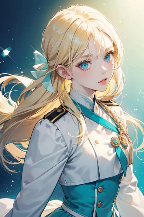 Hime is a girl with a pale complexion and aquamarine eyes. Her long pale blonde hair is waist-length with a small part pulled up with a light turquoise ribbon and thick, short-cut bangs framing her face. As a student at Four Star Academy and a member of S4...