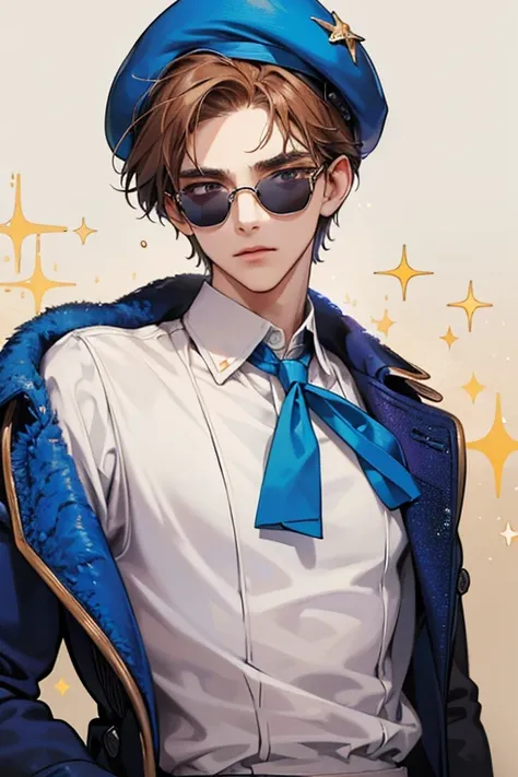 He wears a blue beret and russet-colored glasses. He wears a white sweater with two dark blue squiggles with a collared shirt underneath. SPARKLE; GLITTER