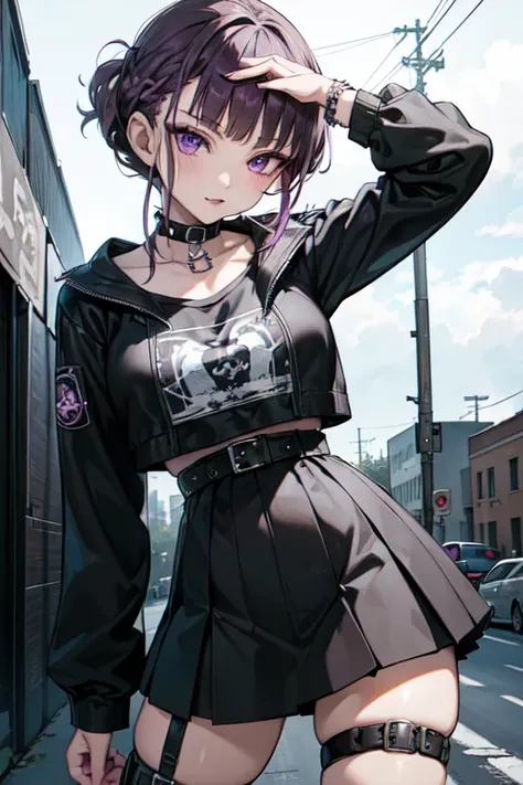 ((nice with you)), short hair, braided hair, brown hair, purple eyes, bangs, woman, alone, punk, punkファッション, leather jacket, edg...