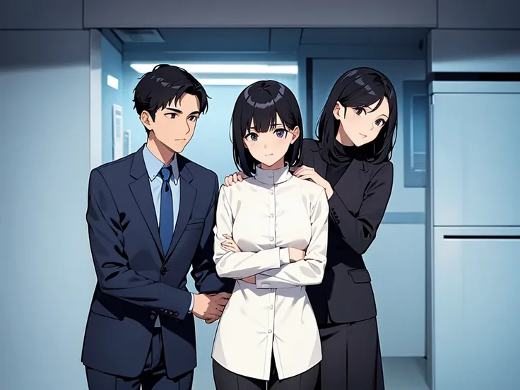 two people are standing close together., a man with short black hair and a black suit, white button-up shirt, and the women wear...