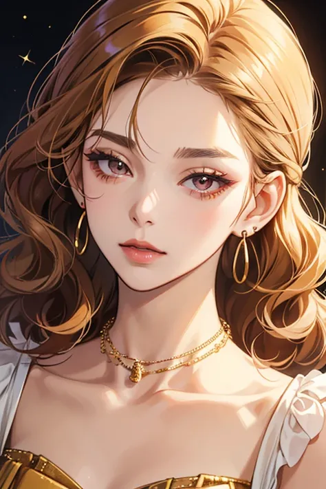 Kaoru is a fair-skinned adult woman with small indigo eyes worn with peach eyeshadow to match her lipstick. She has short stylized brown hair with a thick curl on the right side of her head, half of which is blonde. She wears a gold necklace and thin orang...