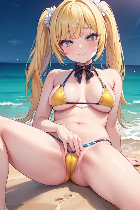 a junior high school girl, spread both legs apart wide, micro yellow bikini, middle breasts, yellow hair,  pigtail, beautiful detailed face, smiled, beautiful eyes and lips, (best quality,4k,8k,highres,masterpiece:1.2),ultra-detailed,(realistic,photorealis...