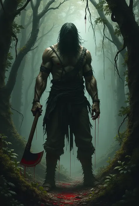 Create an image of a forest and a person with an axe with blood drawing