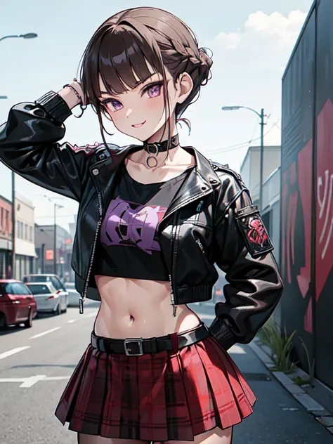 ((nice with you)), short hair, braided hair, brown hair, purple eyes, bangs, woman, alone, punk, punkファッション, leather jacket, (re...