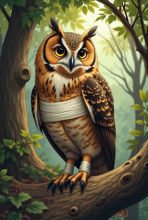 Draw an owl with a wounded wing that is bandaged, its wing that is under the trees, color drawing


