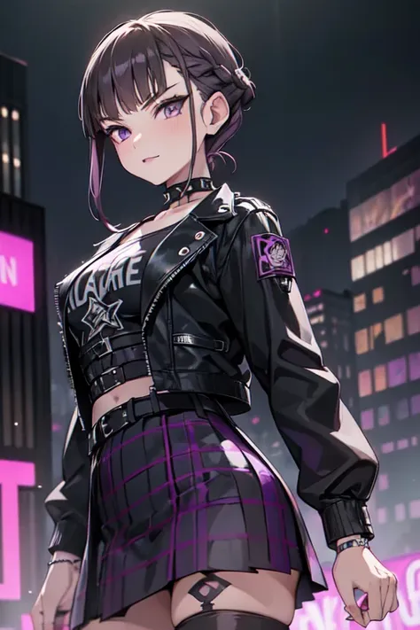 ((nice with you)), short hair, braided hair, brown hair, purple eyes, bangs, woman, alone, punk, punkファッション, leather jacket, (pu...