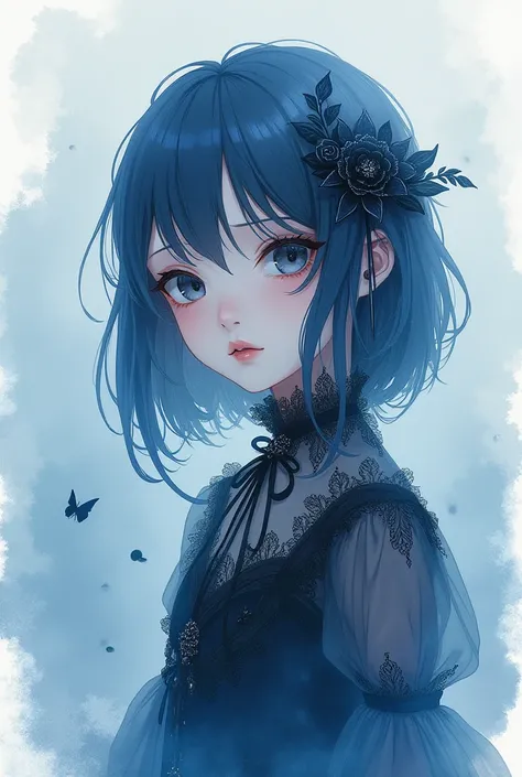 Anime, watercolor, gothiclolitia, blue, sad