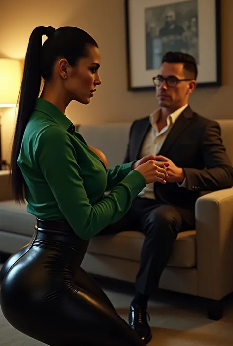 Kim Kardashian with long straight black hair in a ponytail in a green shirt with buttons with sleeves and collar and not cropped, generous cleavage,in a very tight black latex leggings,and a wide black belt around her stomach,in a hotel room, A tall man si...