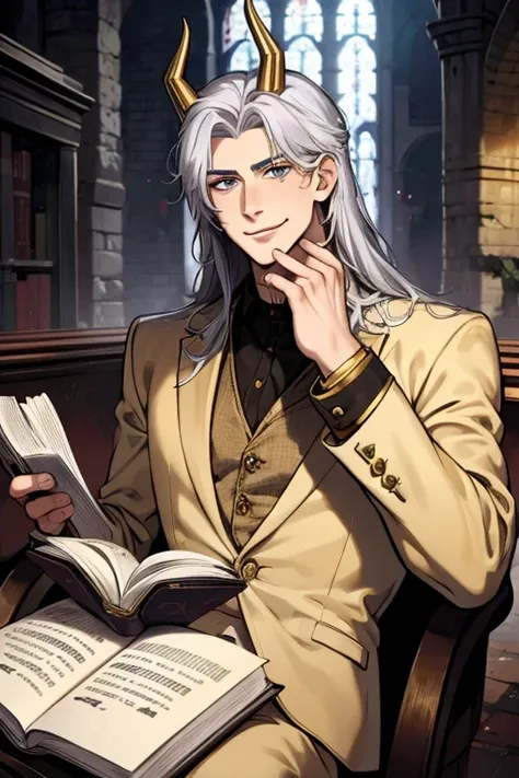 perfect face. perfect hands. a young silver haired man with golden eyes and golden horns in a cool suit is smiling while reading...