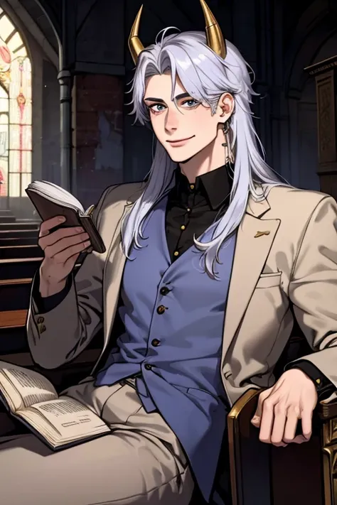 perfect face. perfect hands. a young silver haired man with golden eyes and golden horns in a cool suit is smiling while reading...