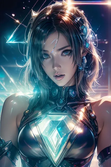 (cyber punk, Clockpunk, Dieselpunk, steampunk), pearl、Platinum、Beautiful woman in rainbow ice crystal costume, Background Diverse Punk, Cool Beauty, Glamorous proportions, (Super detailed, The absolute solution, Highest quality:1.3), 2.5D, Subtle and dynam...